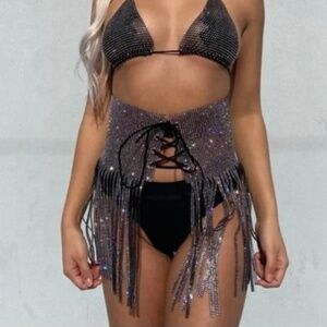 Rhinestone Corset Tie Fringe Festival Skirt